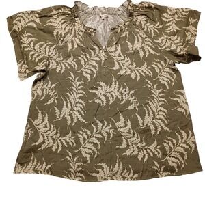 Indigo Soul Rayon Blouse Womens XL Fern Print Henley Neck Short Sleeve Green
